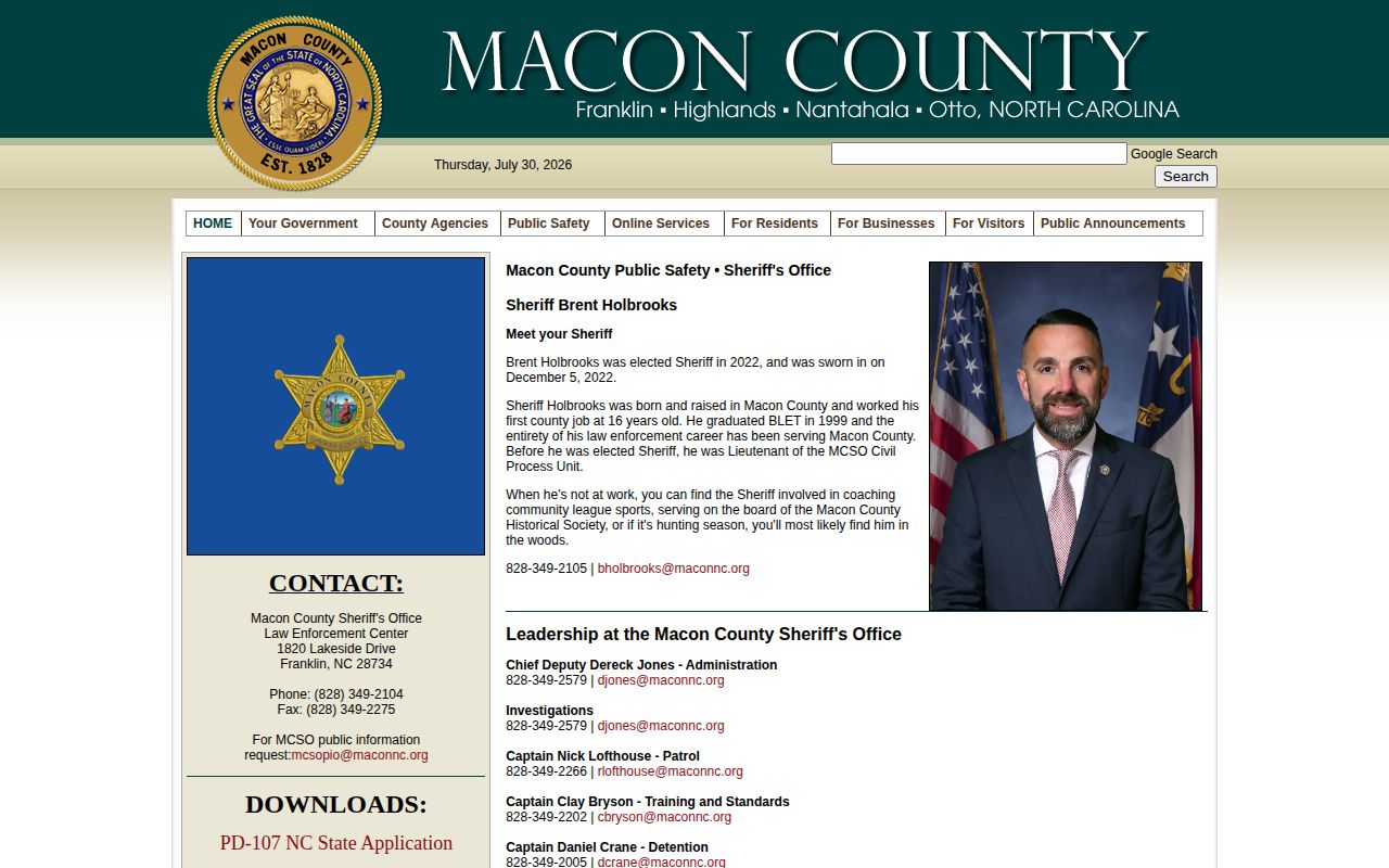 Official Macon County Sheriff page listing the detention center and contacts